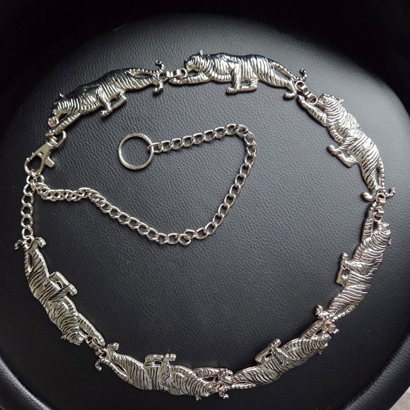 Accessories - Vintage 90s Silver Tone Tiger Panther Chain Link Belt Y2K Statement Chunky 40"